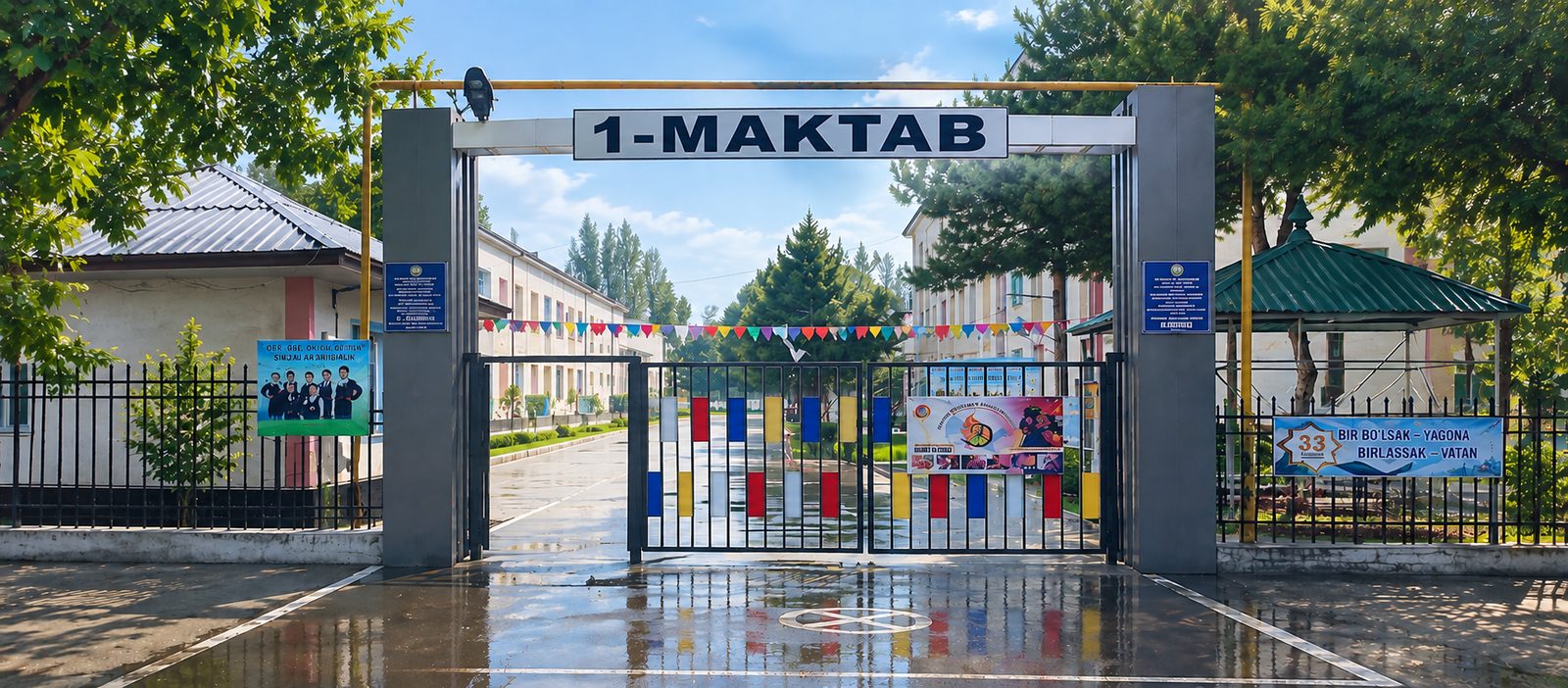 Maktab darvozasi oldida onasi bilan birinchi sinf o'quvchisi